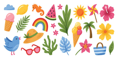 Obraz premium Beach Summer Icons with Sea Elements, Vacation Stickers, Pastel Crayon Doodles, Sun, Watermelon and Pinwheel Illustrations