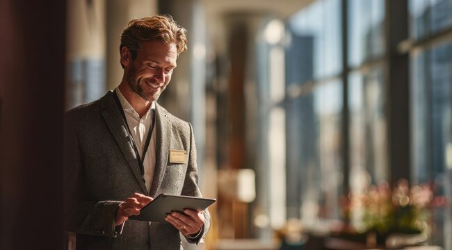 Concierge assists guest with tablet in sunlit hotel lobby