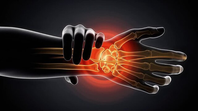 Wrist Pain Carpal Tunnel 3D Medical Animation Hand Bone Anatomy Carpal X-Ray Glowing Red Dark Background