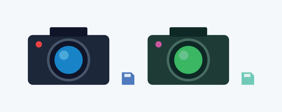 Two colorful modern digital cameras with memory cards isolated on plain light background.