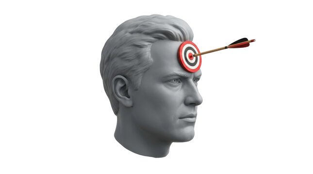 Gray statue of man with bullseye target and arrow through head on white background