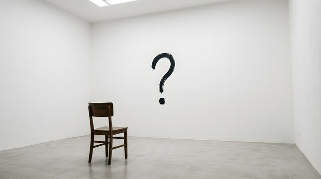 Empty Room with Single Wooden Chair and Question Mark on Wall Representing Uncertainty Decision Making Interview Concept