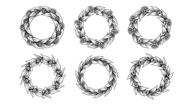 Snakeroot flower circular frames featuring clusters of blossoms and leaves in a precise scientific botanical illustration style for nature themed stationery projects.