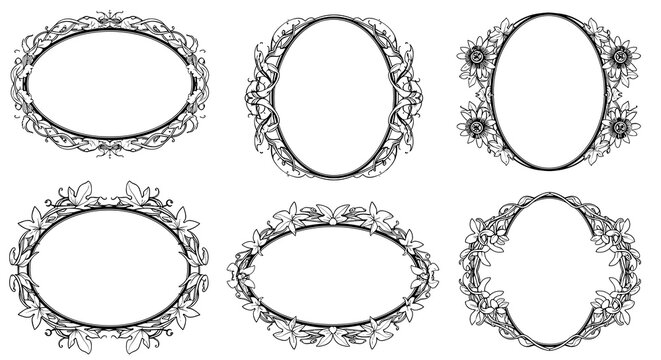 Passion flower elixir label borders display exotic floral vines and intricate petals in elegant monochrome frames suitable for apothecary and cosmetic packaging projects.