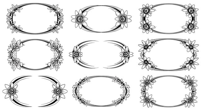 Floral elixir label oval panels feature stylized passion flower blossoms and winding vines for high-end beauty and wellness product packaging or apothecary designs.