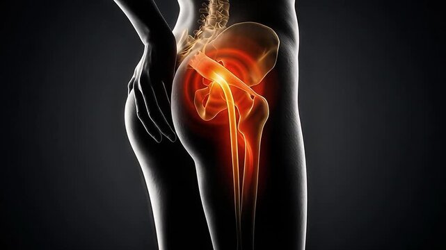 Hip Joint Pain Inflammation 3D Medical Animation Human Pelvis Femur Anatomy X-Ray Glowing Red Dark Background