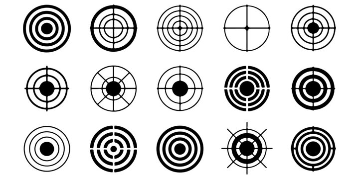 target, bullseye, crosshair and accuracy icons with arrows, shooting symbols, aiming marks and goal achievement concepts Black target and crosshair icon pack with bullseye symbols and arrow hit graphi
