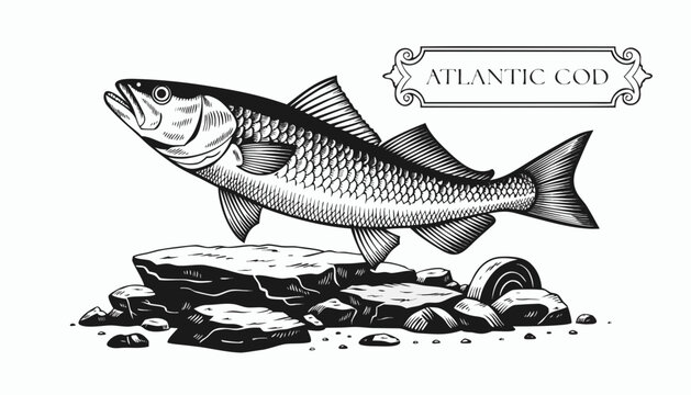 Very beautiful black-and-white engraved vector illustration featuring ATLANTIC COD above a rocky ocean floor, intricate scales, detailed linework, and decorative label reading "ATLANTIC COD", isolated
