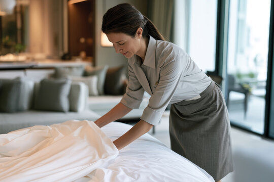 A hotel staff member meticulously prepares a bed in a luxurious suite, emphasizing the importance of attention to detail and care in providing exceptional service to guests.