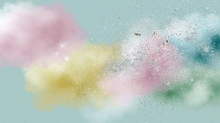 Fototapeta premium Abstract explosion of pastel colored powder and glitter particles against a muted teal background