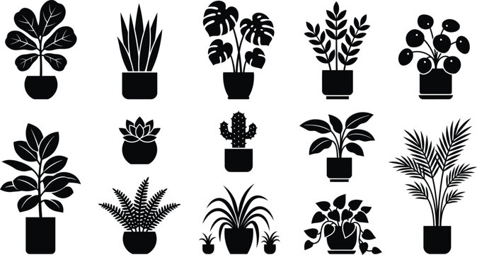 Collection of various houseplant silhouettes in pots.