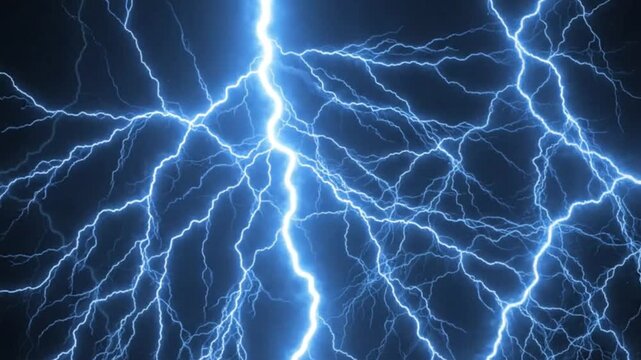 Electric blue lightning bolts striking through a dark night sky with multiple branches and sparks flying everywhere in all directions
