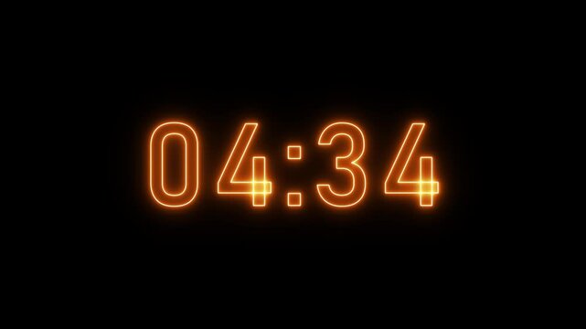 Glowing neon five minute countdown animation from 300 seconds to 0 seconds on transparent background. Dynamic 5 minute countdown animation, 4K video.