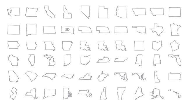 Map outlines of all fifty united states in a grid pattern