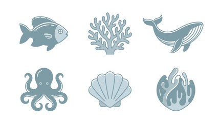 Nautical icons featuring whale fish octopus and coral reef elements © Koyong