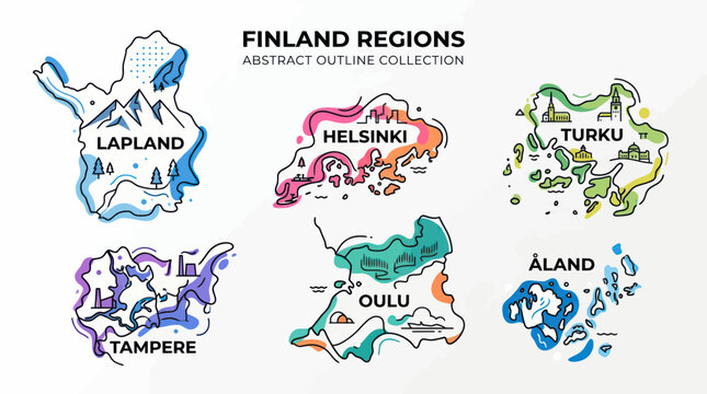 Abstract line art map icons of finnish regions and major cities