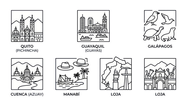 Ecuador regional landmarks and cultural symbols in line art icons