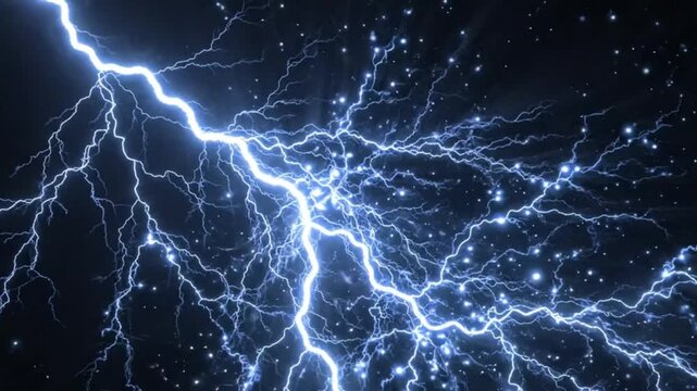 Electricity illuminates the dark with a powerful lightning bolt and sparks flying everywhere in a mesmerizing display of energy and power
