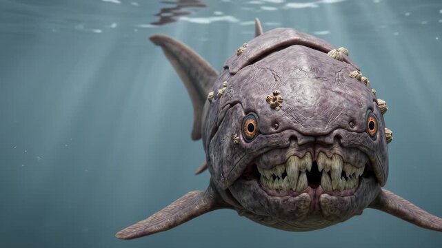 Dunkleosteus, Dunkleosteus terrelli Devonian armored fish swimming, massive bony plates, scientifically accurate reconstruction