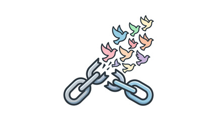 Naklejka premium Broken Chain and Flying Birds Symbolizing Freedom and Release