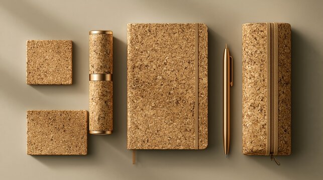 Eco-friendly cork stationery set with notebook, pen, and coasters, showcasing natural texture and sustainable design