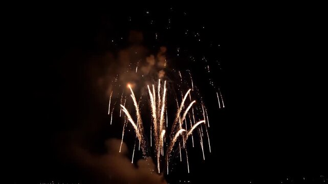 Fireworks display with bright golden sparks exploding in the dark night sky for a celebration event