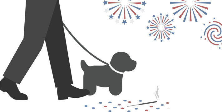 Person walks a small dog while fireworks explode in the sky during a festive holiday celebration.