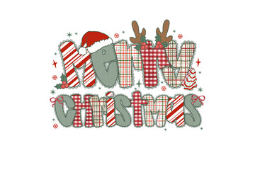 Plaid Merry Christmas with Reindeer Antlers and Santa Hat Sublimation Design © Md