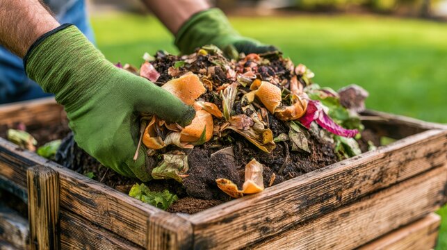 Gardener placing kitchen scraps and garden waste into a wooden compost bin for eco-friendly soil enrichment