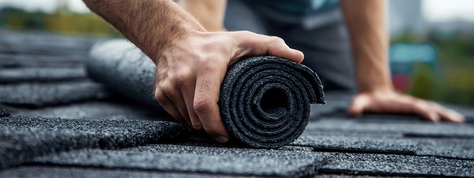 Close up of a roofer's hands rolling out roofing felt material on a shingled roof