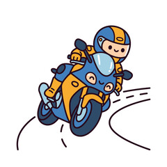 Obraz premium A cute cartoon character rides a blue and yellow motorcycle