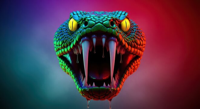 A menacing close-up shot revealing the sharp, glistening fangs of a highly dangerous serpent ready to strike and inject lethal poison, hazard, scales, fangs