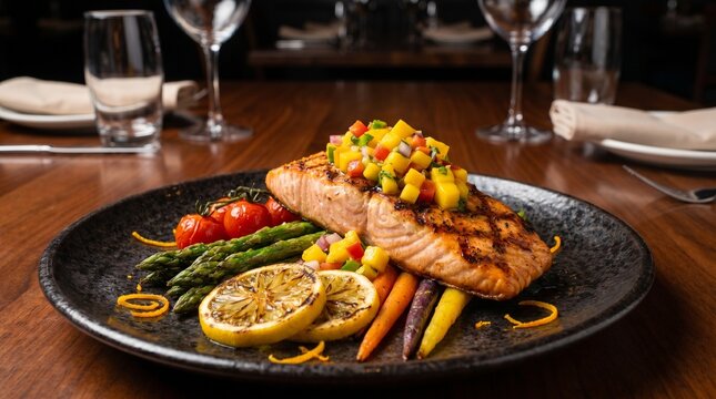 Grilled salmon fillet topped with fresh mango salsa served with roasted asparagus, cherry tomatoes, and carrots