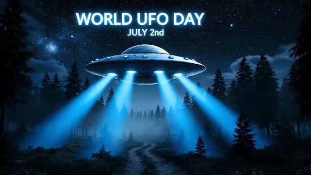 Ufo flying saucer hovering over a dark forest at night with bright blue lights for world ufo day