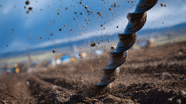 Industrial drilling auger boring into dry soil on construction site with dirt flying everywhere.