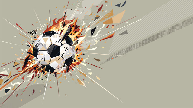 Abstract geometric soccer ball exploded and burst into flames with gray background have blank space.