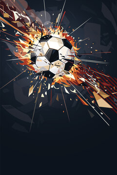 Abstract geometric soccer ball exploded and burst into flames with dark blue background vertical template have blank space.