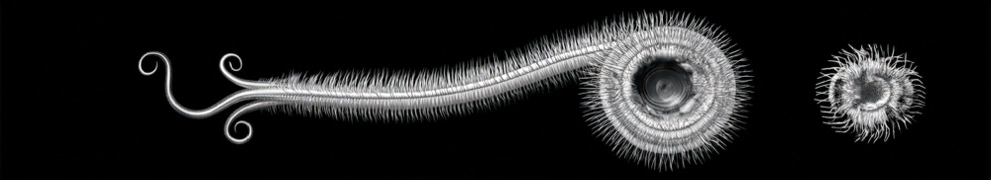 Monochrome wormlike organisms on black background
