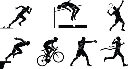 Athletes and sports silhouette icons set isolated on white background. Vector illustration collection of summer games players including running, high jump, tennis, cycling, and boxing. © ABU