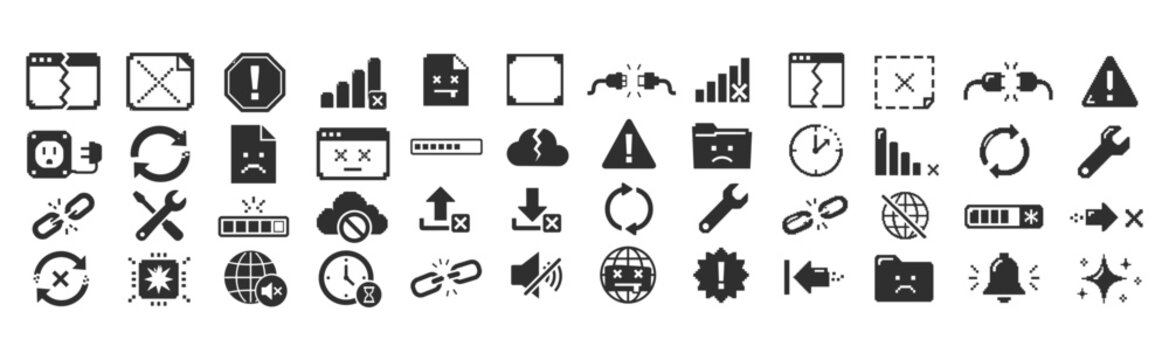 Set of error, problem, and broken pixel icon for software or computer problems.