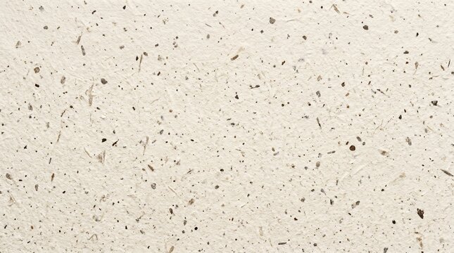 Close up of handmade recycled paper texture with natural fiber inclusions and dark flecks, beige offwhite background