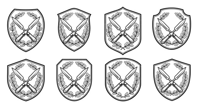 Eight vintage shield emblems featuring crossed wood chisels and detailed oak leaf wreaths for carpentry and woodworking brand identity designs.