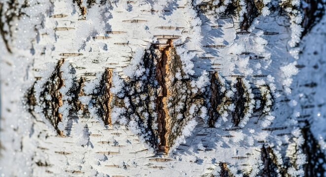 Abstract macro texture of white birch tree bark covered in shimmering silver frost during a chilly winter morning, emphasizing natural pattern, abstract, environment, natural