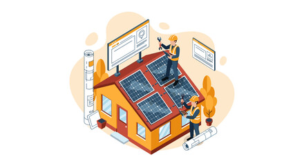 Fototapeta premium Solar panel installation team inspects rooftop equipment using digital tablets and wrenches during a residential energy upgrade project.