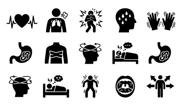 Anxiety Disorder Symptoms and Physical Reactions Silhouette Icon Set
