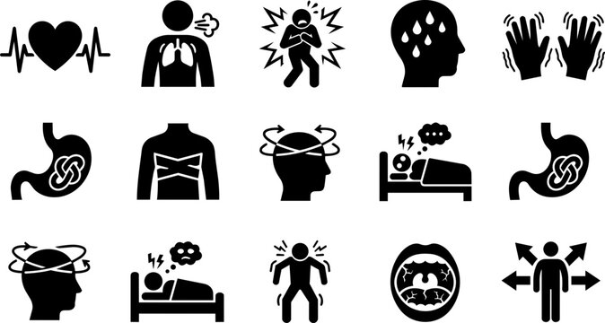Anxiety Disorder Symptoms and Physical Reactions Silhouette Icon Set