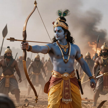 Blueprint Indian God. Krishna Depicted In Mahabharat War Alongside Arjun