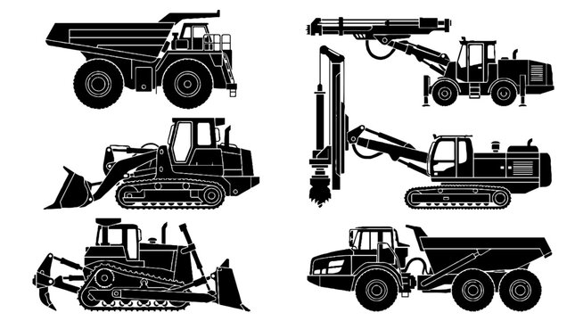 Set of silhouettes of heavy construction and mining machinery.