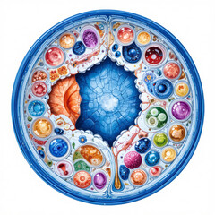Naklejka premium Abstract microscopic biological structure with colorful cellular elements and intricate organic patterns isolated on white background.