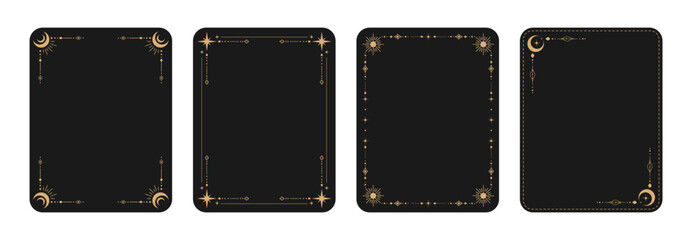Set of luxury gold celestial frames tarot cards with crescent moon, stars and ornamental borders for invitations, greeting cards, certificates, branding, social media and packaging design.Vector © Ilonka eva